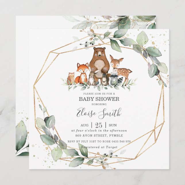 Chic Greenery Woodland Animals Baby Shower Neutral Invitation (Front/Back)