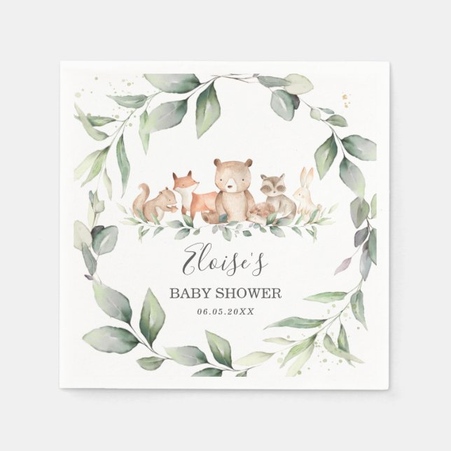 Chic Greenery Woodland Animals Baby Shower Neutral Napkin (Front)