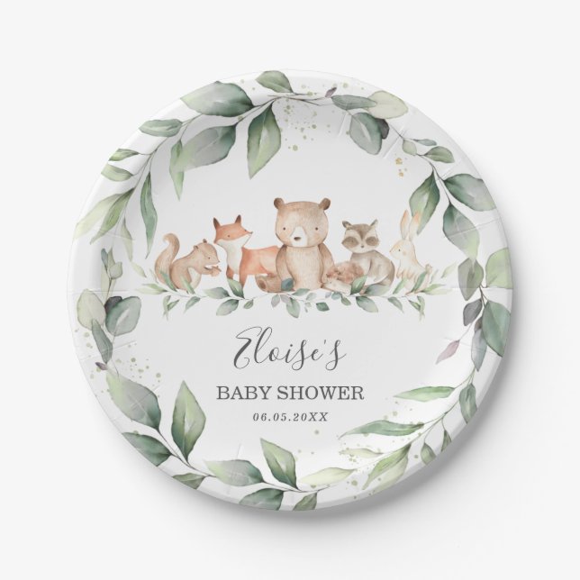 Chic Greenery Woodland Animals Baby Shower Neutral Paper Plate (Front)