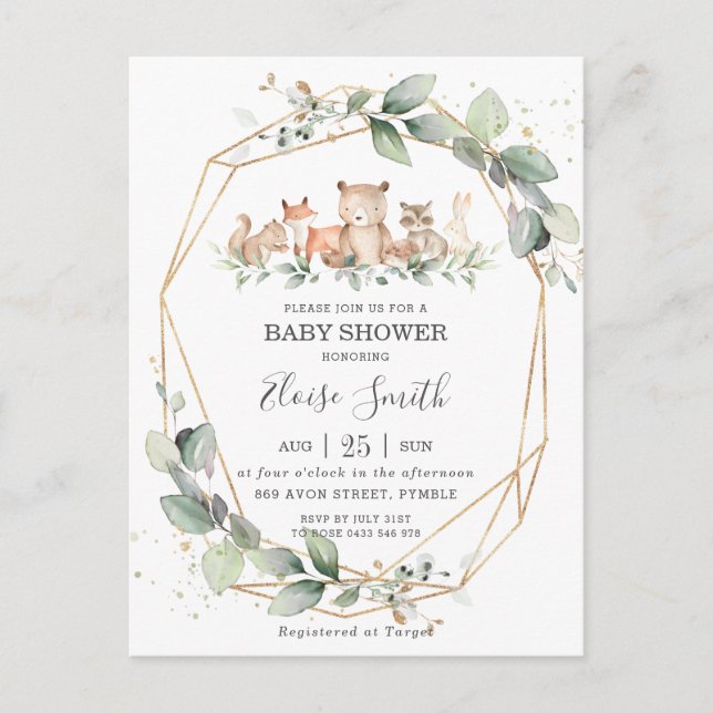 Chic Greenery Woodland Animals Baby Shower Neutral Postcard (Front)