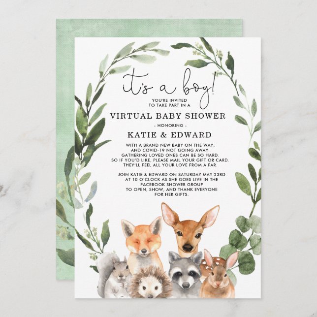 Chic Greenery Woodland Animals Virtual Baby Shower Invitation (Front/Back)