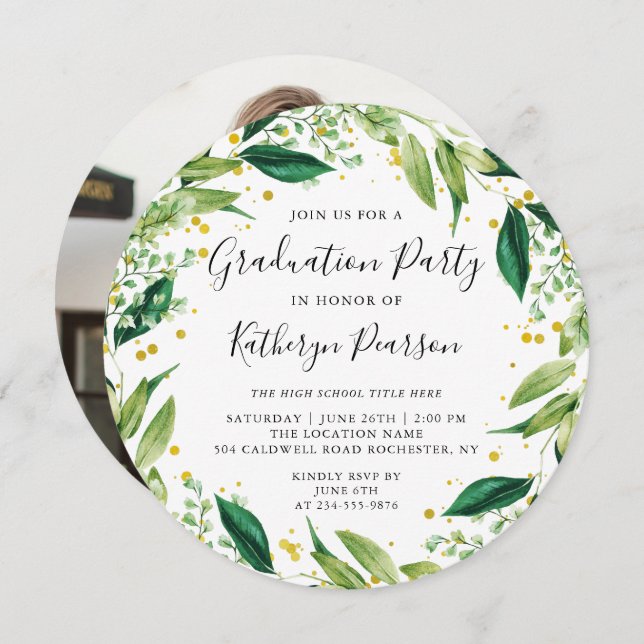 Chic Greenery Wreath Gold Glitter Graduation Photo Invitation (Front/Back)