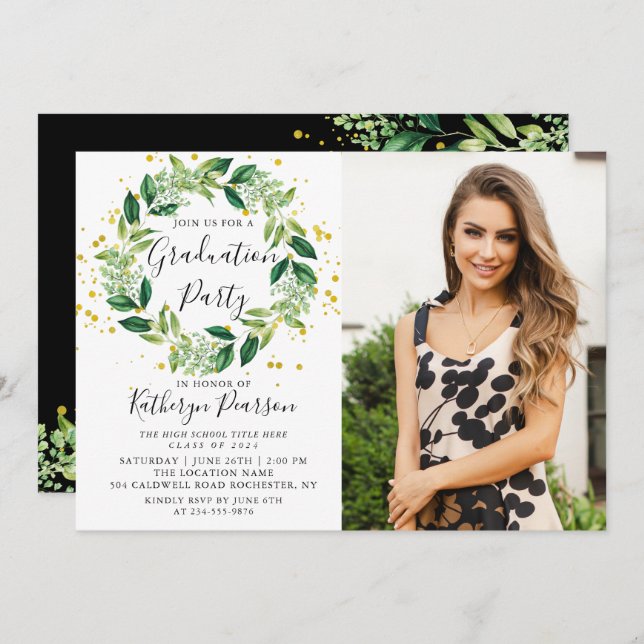 Chic Greenery Wreath Gold Glitter Graduation Photo Invitation (Front/Back)