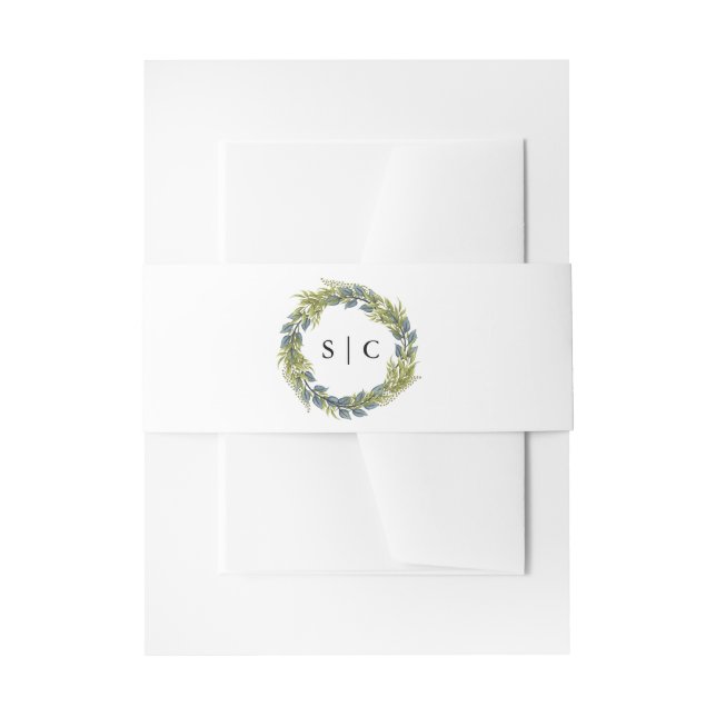 Chic Greenery Wreath Monogram Wedding Invitation Belly Band (Front Example)