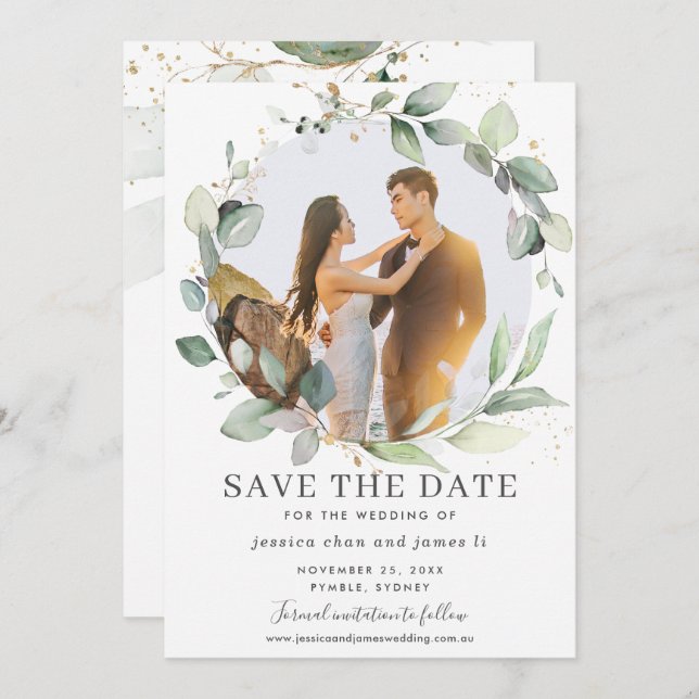 Chic Greenery Wreath Photo Save the Date Card (Front/Back)