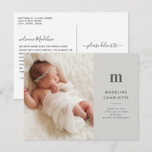 Chic Grey 1-Photo Birth Announcement Postcard