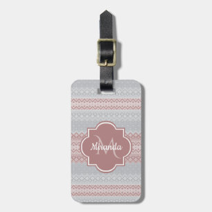 Chic Grey and Dusky Pink Knit Stripes and Monogram Luggage Tag