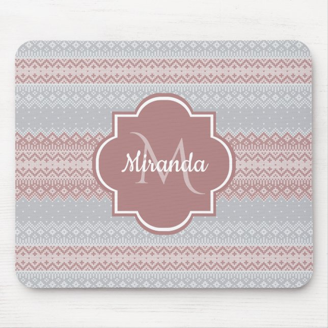 Chic Grey and Dusky Pink Knit Stripes and Monogram Mouse Pad (Front)