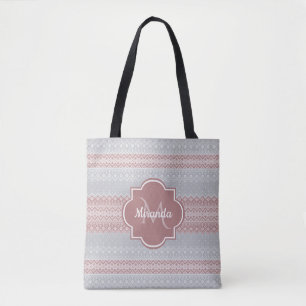 Chic Grey and Dusky Pink Knit Stripes and Monogram Tote Bag