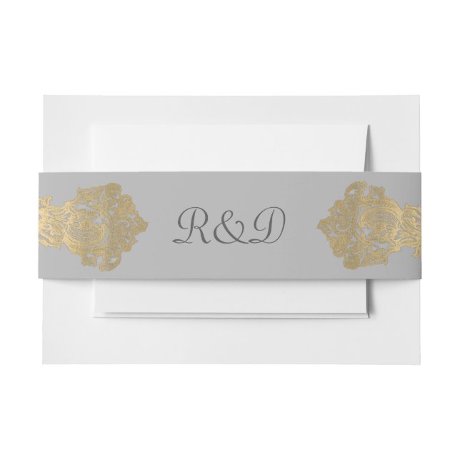 Chic Grey and Gold Monogrammed Wedding Belly Band Invitation Belly Band (Front Example)