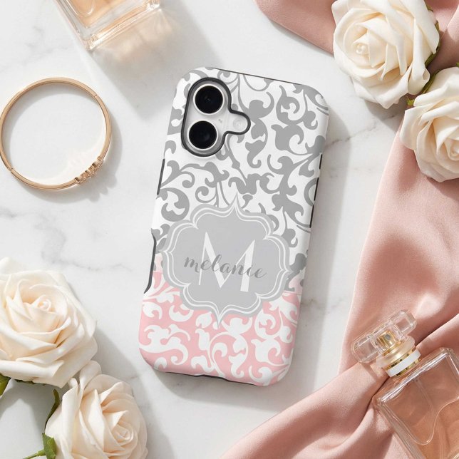 Chic Grey and Pink Damask Swirls Monogram (Creator Uploaded)