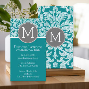Chic Grey and Teal Damask Pattern Custom Monogram Business Card