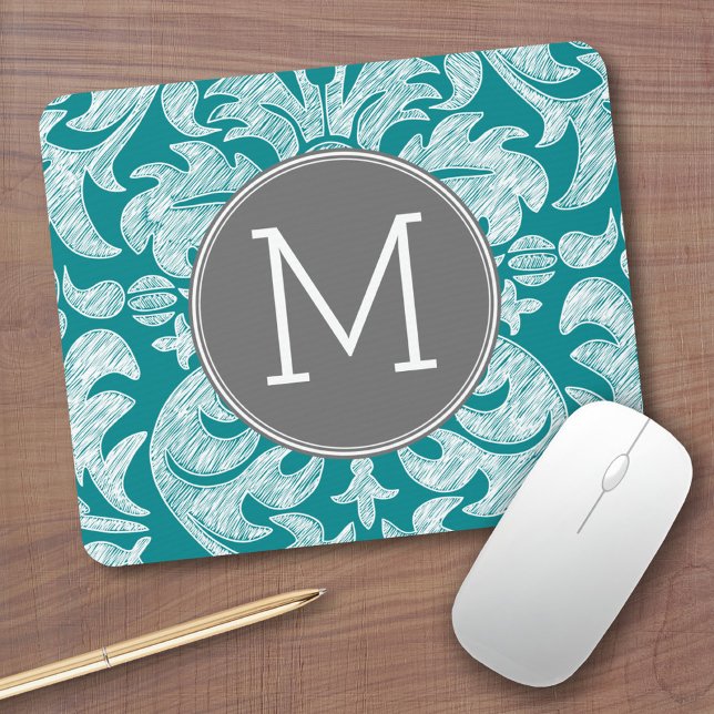 Chic Grey and Teal Damask Pattern Custom Monogram Mouse Pad (Personalized mousepad - Add Custom Text)