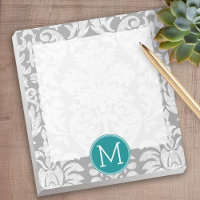 Chic Grey and Teal Damask Pattern Custom Monogram