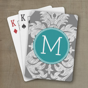 Chic Grey and Teal Damask Pattern Custom Monogram Playing Cards