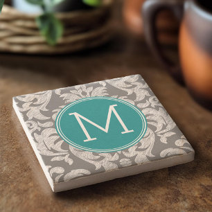 Chic Grey and Teal Damask Pattern with Monogram Stone Coaster