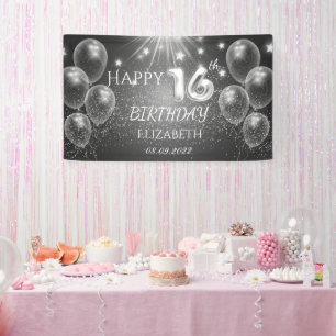 Chic Grey Balloons Stars 16th Birthday  Banner