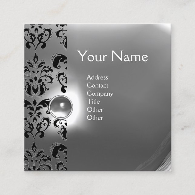 CHIC GREY BLACK WHITE DAMASK GEMSTONE MONOGRAM SQUARE BUSINESS CARD (Front)