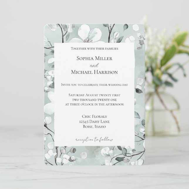 Chic Grey Blue White Floral Wedding Invitation (Standing Front)