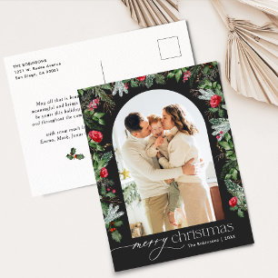 Chic Grey Botanical Arch Christmas 1 Photo Holiday Postcard