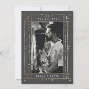 Chic Grey Faux Gold Foil Art Deco Save the Date Announcement