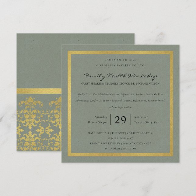 CHIC GREY GOLD FAUX DAMASK CLASSIC WORKSHOP EVENT INVITATION (Front/Back)