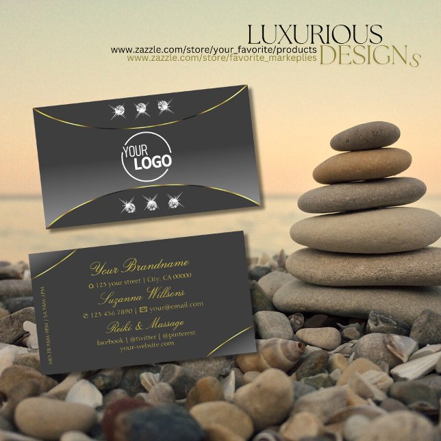 Chic Grey Gradient with Gold Ornate Jewels Logo Business Card (Creator Uploaded)