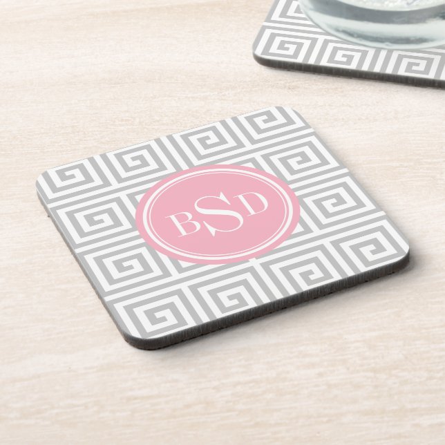 Chic grey greek key geometric patterns monogram coaster (Left Side)