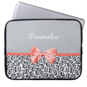 Chic Grey Jaguar Print With Coral Bow and Name Laptop Sleeve