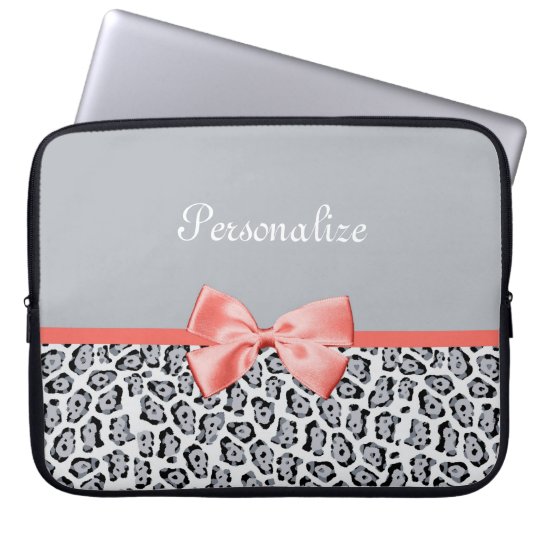Chic Grey Jaguar Print With Coral Bow and Name Laptop Sleeve