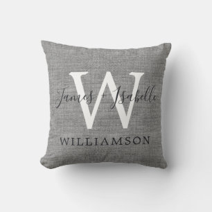 Chic Grey Linen Newlywed Monogram Wedding Keepsake Cushion