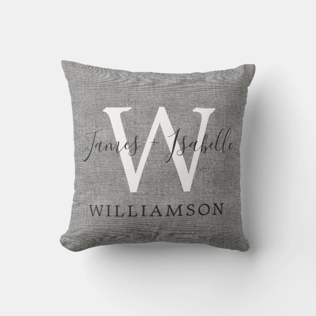 Chic Grey Linen Newlywed Monogram Wedding Keepsake Cushion (Front)