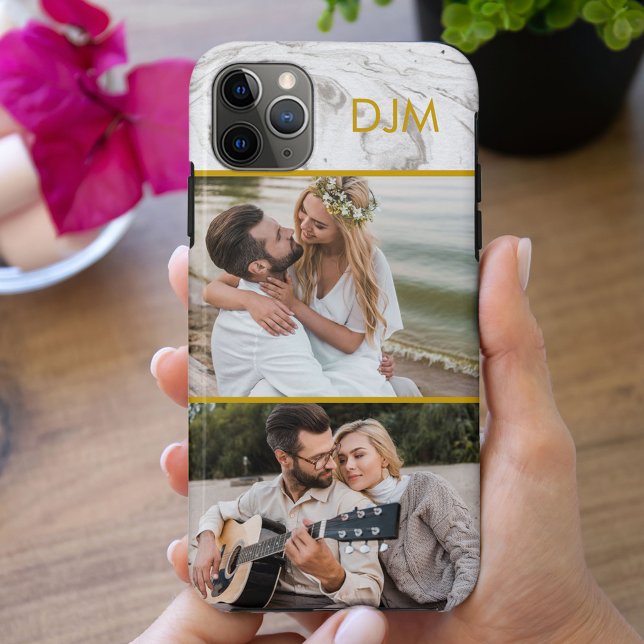 Chic Grey Marble and Gold Initials and 2 Photo Case-Mate iPhone Case (Creator Uploaded)