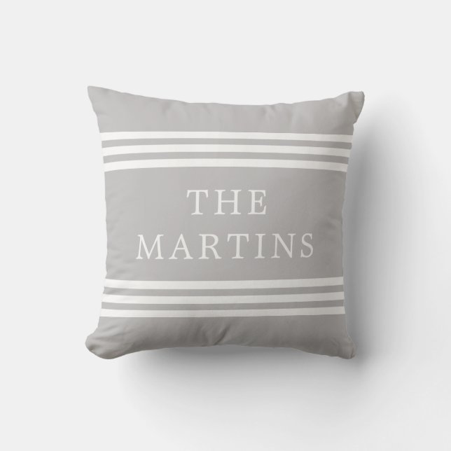 Chic Grey Modern Stripes | Family Name Cushion (Front)