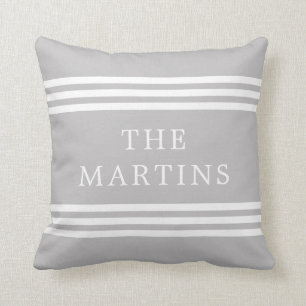 Chic Grey Modern Stripes   Family Name Cushion
