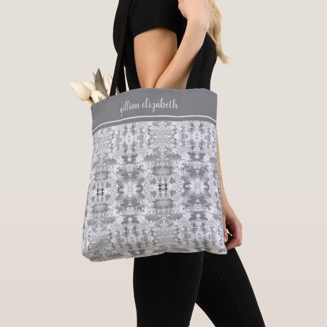 Chic Grey Pattern Monogrammed Tote Bag (Close Up)