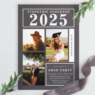 Chic Grey Photo Collage Graduation Party Invitation