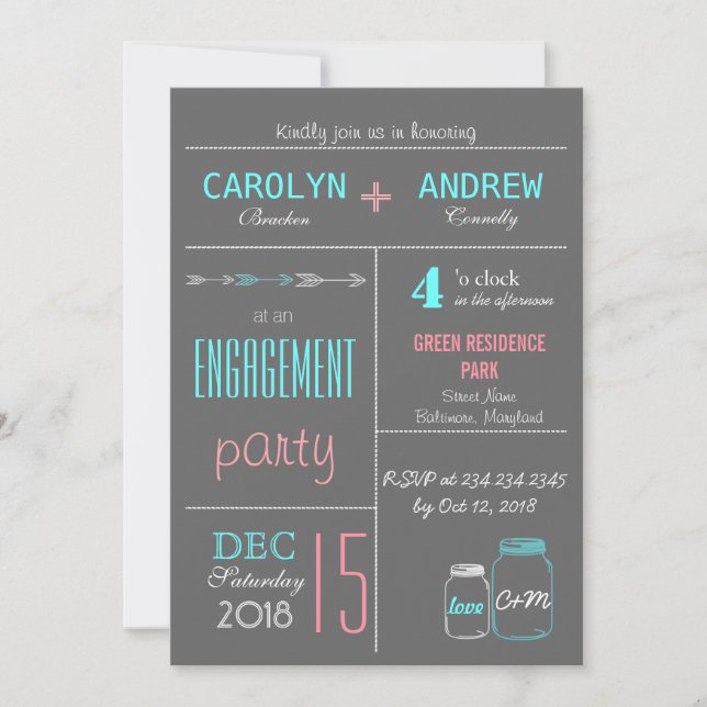 Chic Grey | Pink | Blue MasonJar Engagement Party Invitation (Front)