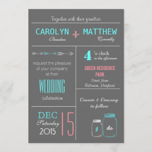 Chic Grey   Pink   Blue MasonJar Wedding Invite
