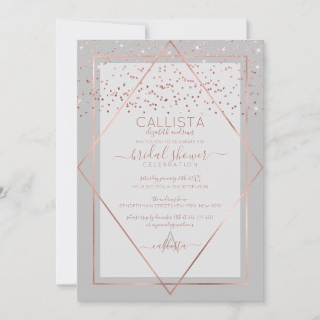 Chic Grey Rose Gold Confetti Border Bridal Shower Invitation (Front)