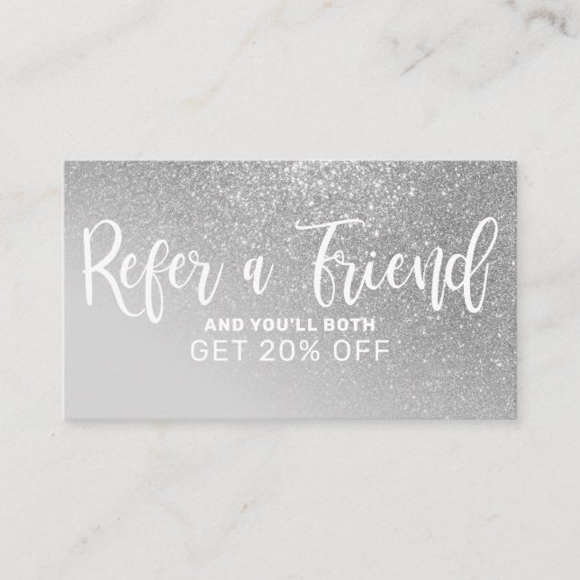 Chic Grey Silver Glitter Gradient Typography Referral Card (Front)