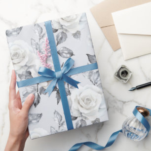 Chic Grey Silver White Floral Wedding Wrapping Paper