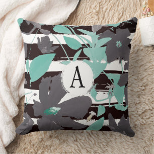 Chic Grey Teal Floral Stripe Monogramed Pattern Cushion