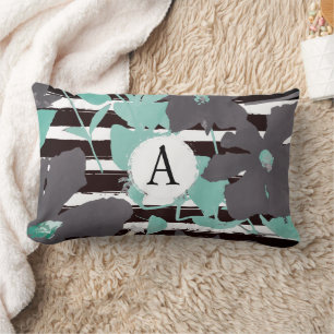 Chic Grey Teal Floral Stripe Monogramed Pattern Lumbar Cushion