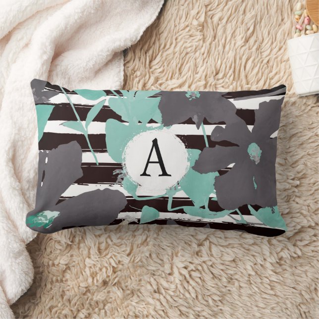 Chic Grey Teal Floral Stripe Monogramed Pattern Lumbar Cushion (Blanket)