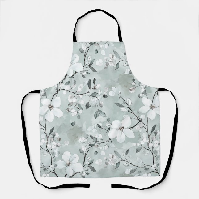 Chic Grey White Flowers Apron (Front)