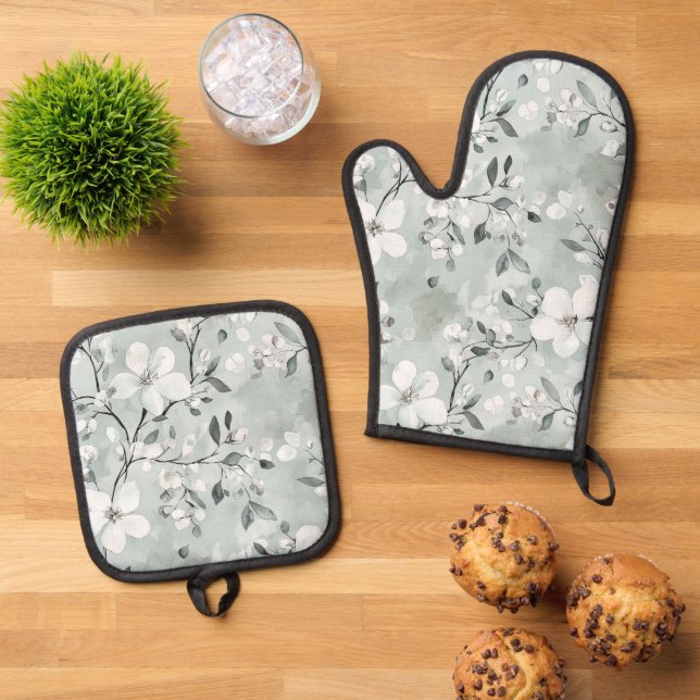 Chic Grey White Flowers Oven Mitt & Pot Holder Set (Top Down)
