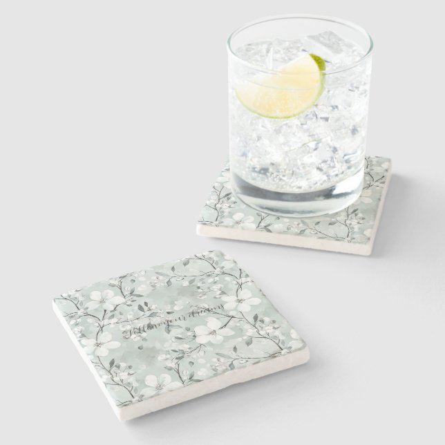 Chic Grey White Flowers Stone Coaster (Side)