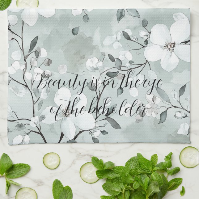 Chic Grey White Flowers Tea Towel (Folded)