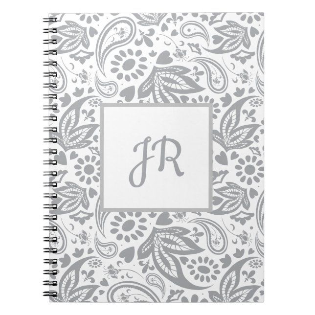 Chic Grey White Pattern Monogram Notebook (Front)